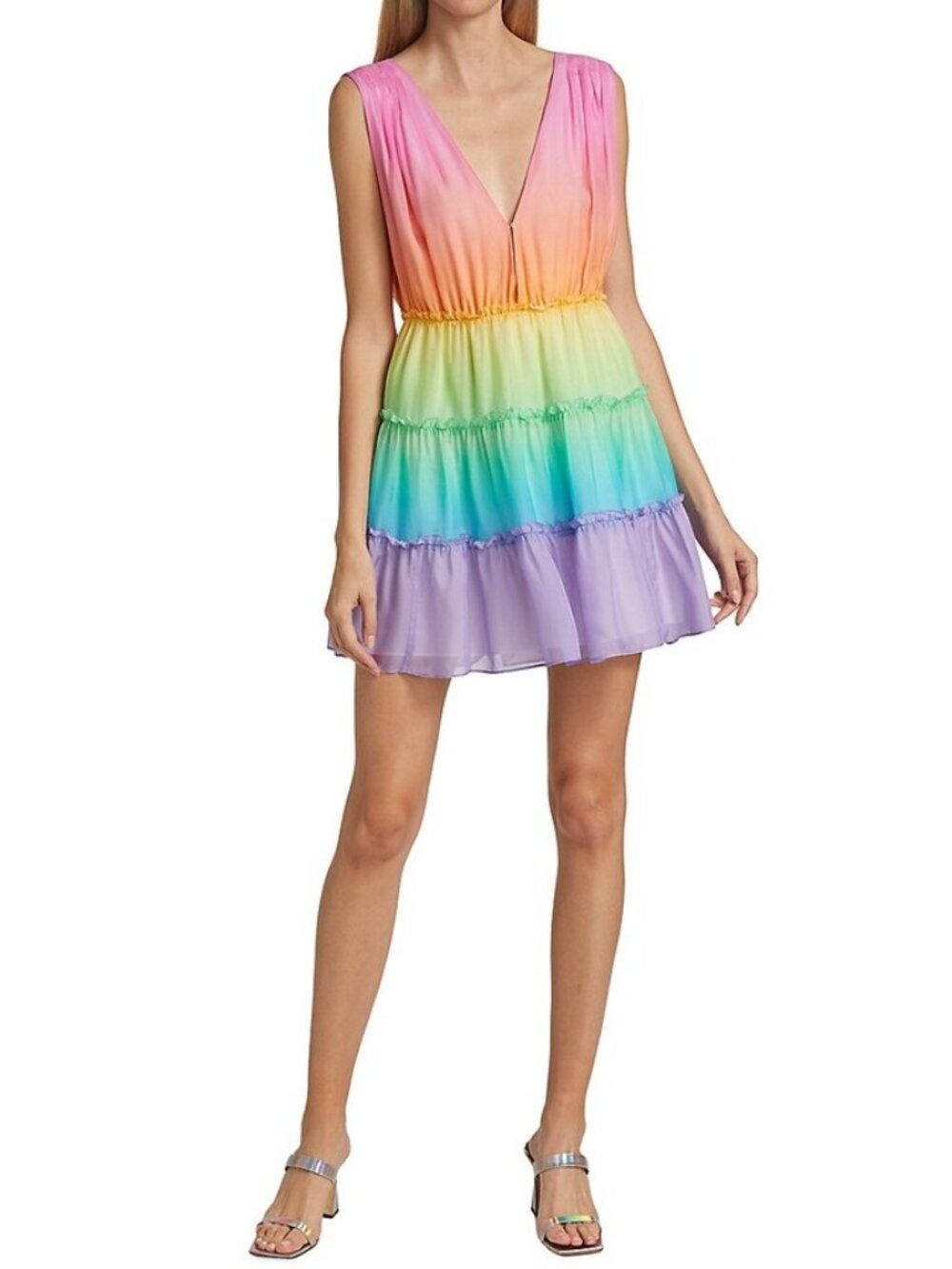 Cami NYC EGLE Rainbow Ombré Silk Sleeveless V-Neck Tiered A-Line Mini Dress